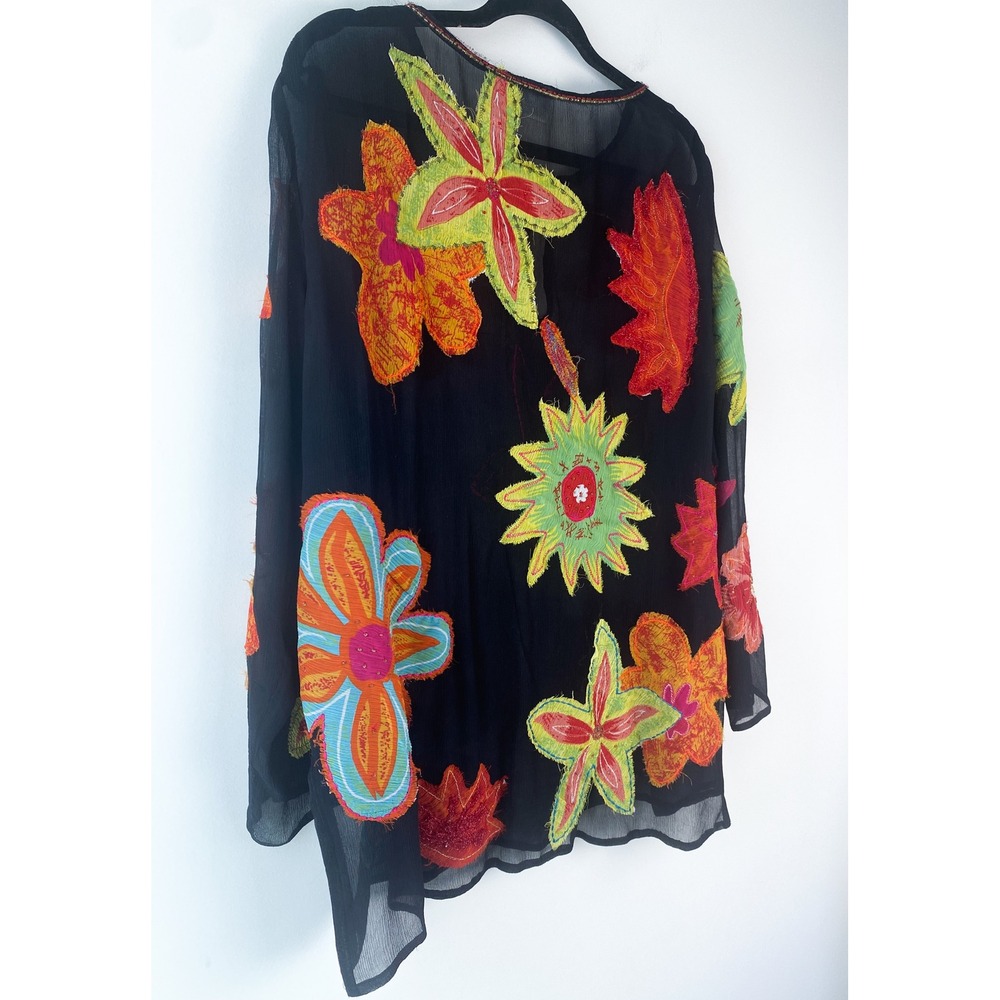 Chicos Womens 100% Silk Sheer Tunic Top XL Black Floral Colorful Artsy Lagenlook - Picture 5 of 7